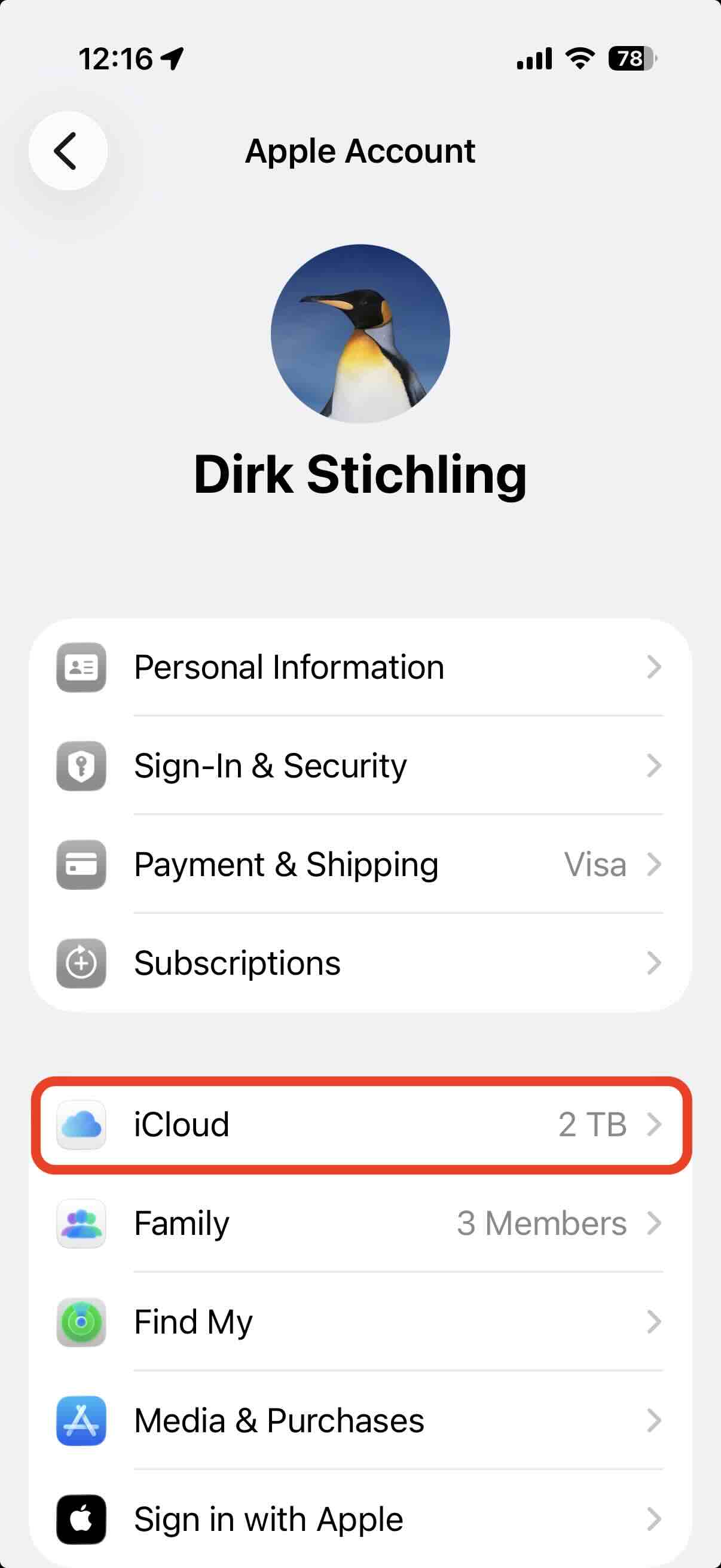 iOS settings account